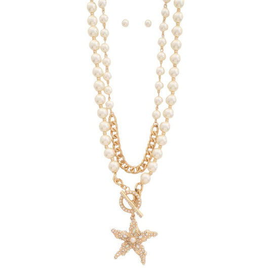 Dragonfly Lane Boutique Star pendant pearl bead toggle clasp layered necklace JEWELRY